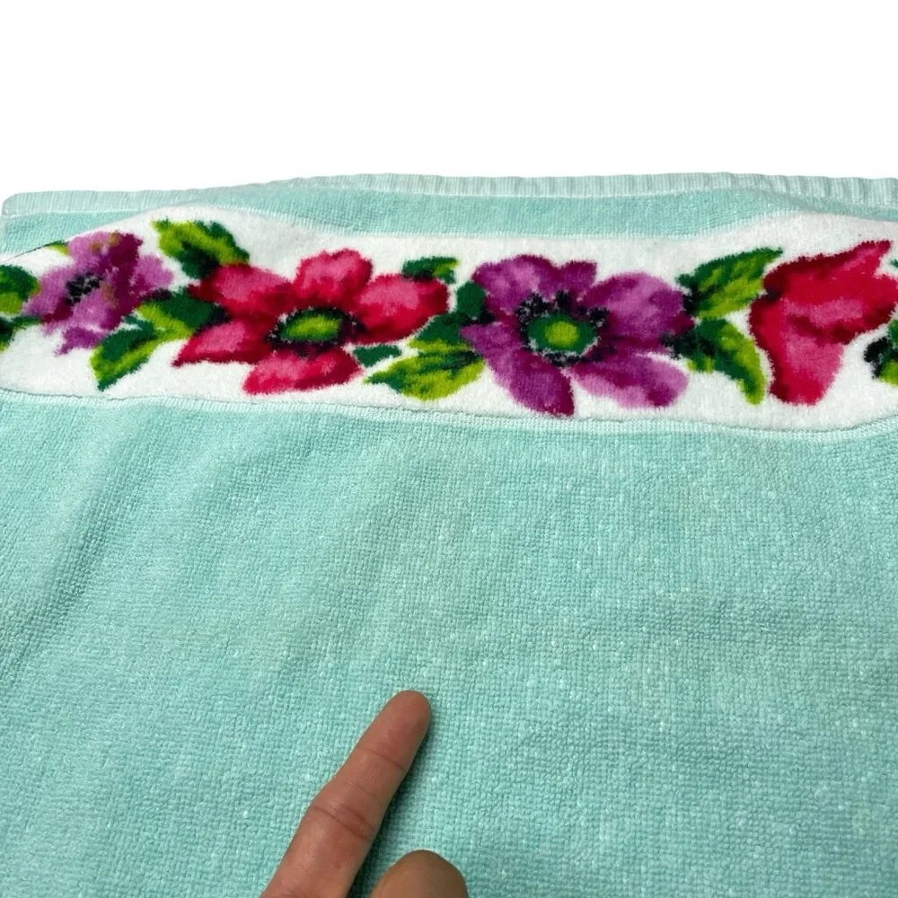 Vintage Teal Floral Hand Towel Indanthren Spring Flowers 18”x35”